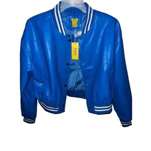 Daisy Royal Blue Faux Leather Varsity Bomber Jacket Womens 1X Ribbed Cuffs